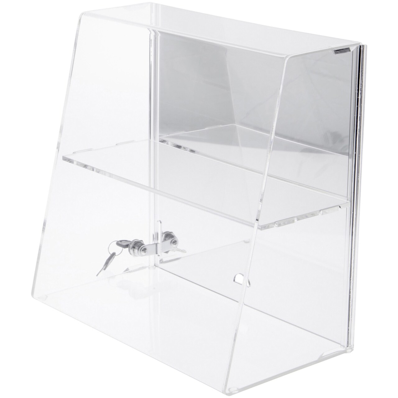 Plymor Clear Acrylic Locking Display Case with Slanted Front and Sliding Back, 1 Flat Shelf (Mirrored)
